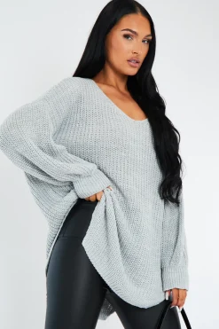 Rebellious Fashion Grey Oversized Knit V Neck Sweater - Evelyn