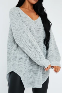 Rebellious Fashion Grey Oversized Knit V Neck Sweater - Evelyn