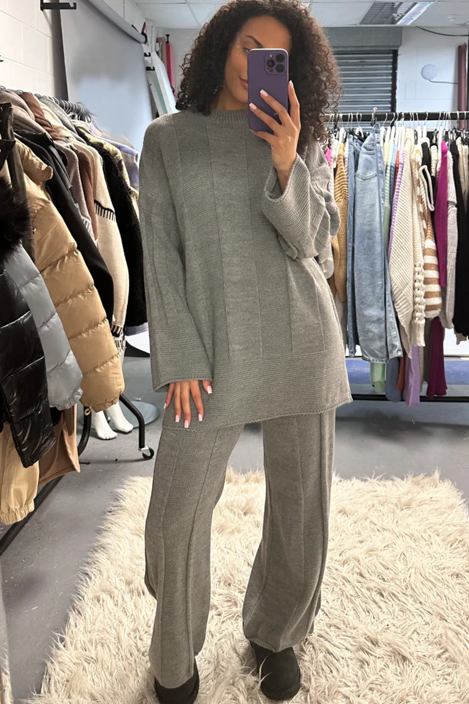Rebellious Fashion Grey Oversized Round Neck Knitted Co-ord Set - Pihu