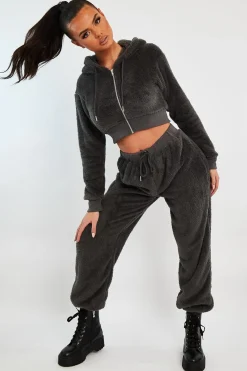Rebellious Fashion Grey Oversized Teddy Joggers - Havana