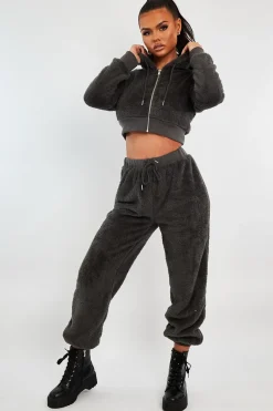 Rebellious Fashion Grey Oversized Teddy Joggers - Havana