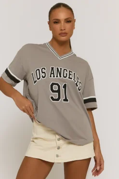 Rebellious Fashion Grey Oversized Varsity Football T-shirt - Austin