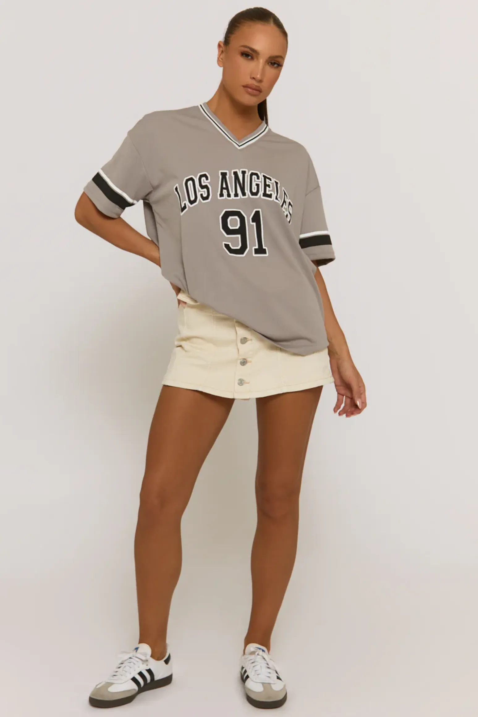 Rebellious Fashion Grey Oversized Varsity Football T-shirt - Austin