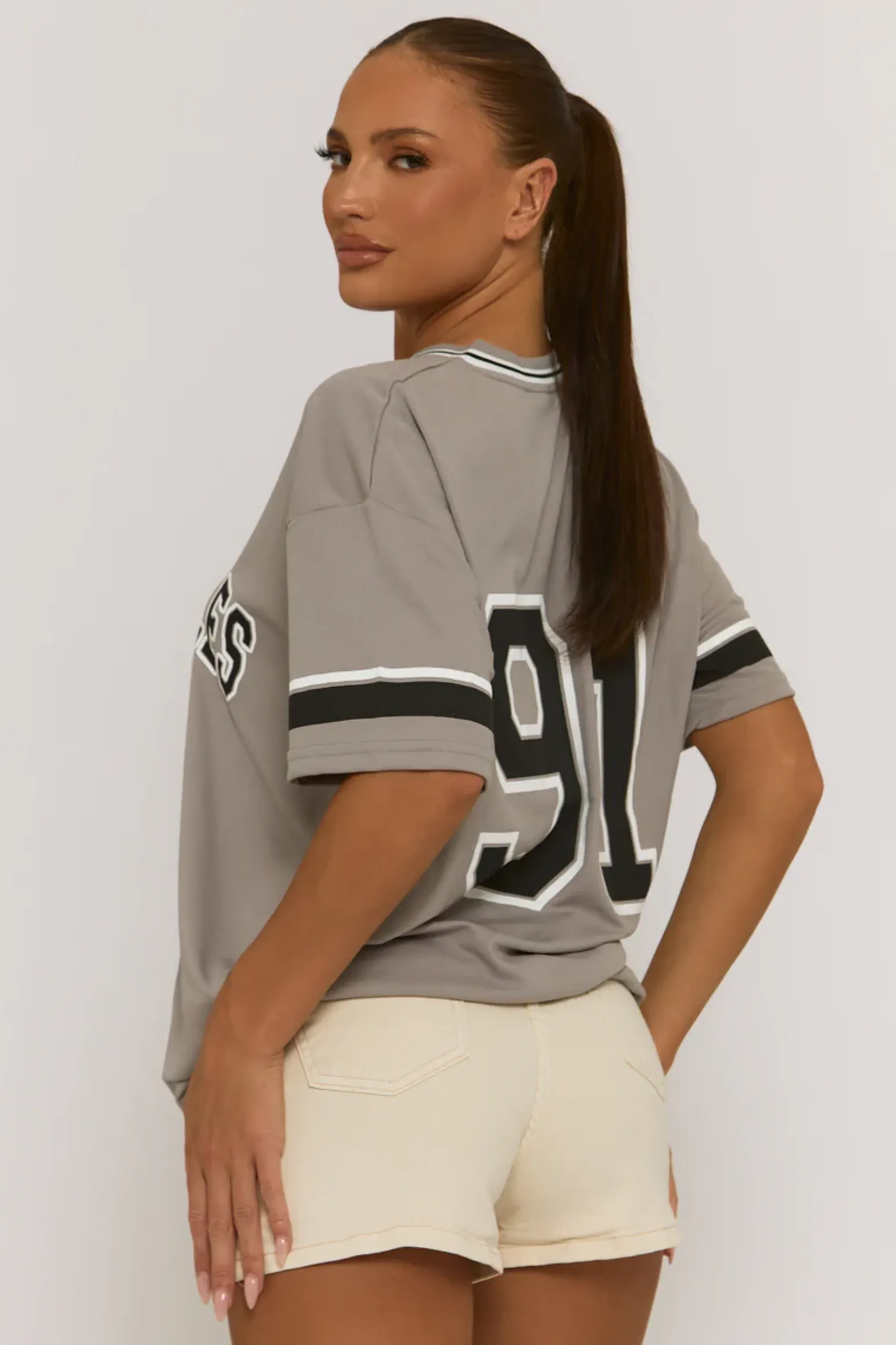 Rebellious Fashion Grey Oversized Varsity Football T-shirt - Austin