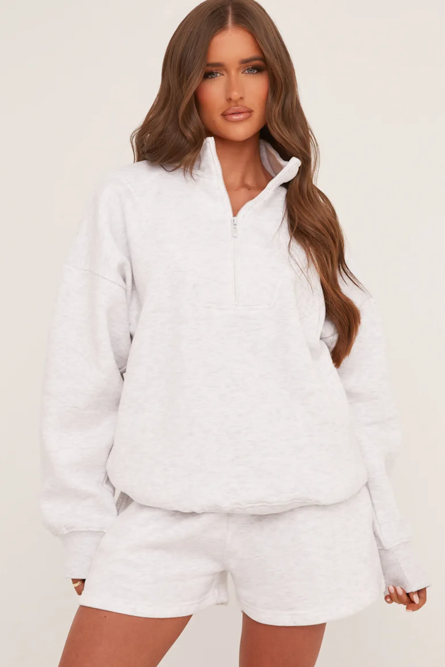 Rebellious Fashion Grey Oversized Zip Front Sweatshirt & Mini Shorts Co-ord Set - Adriana