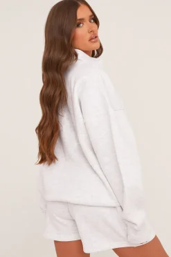 Rebellious Fashion Grey Oversized Zip Front Sweatshirt & Mini Shorts Co-ord Set - Adriana