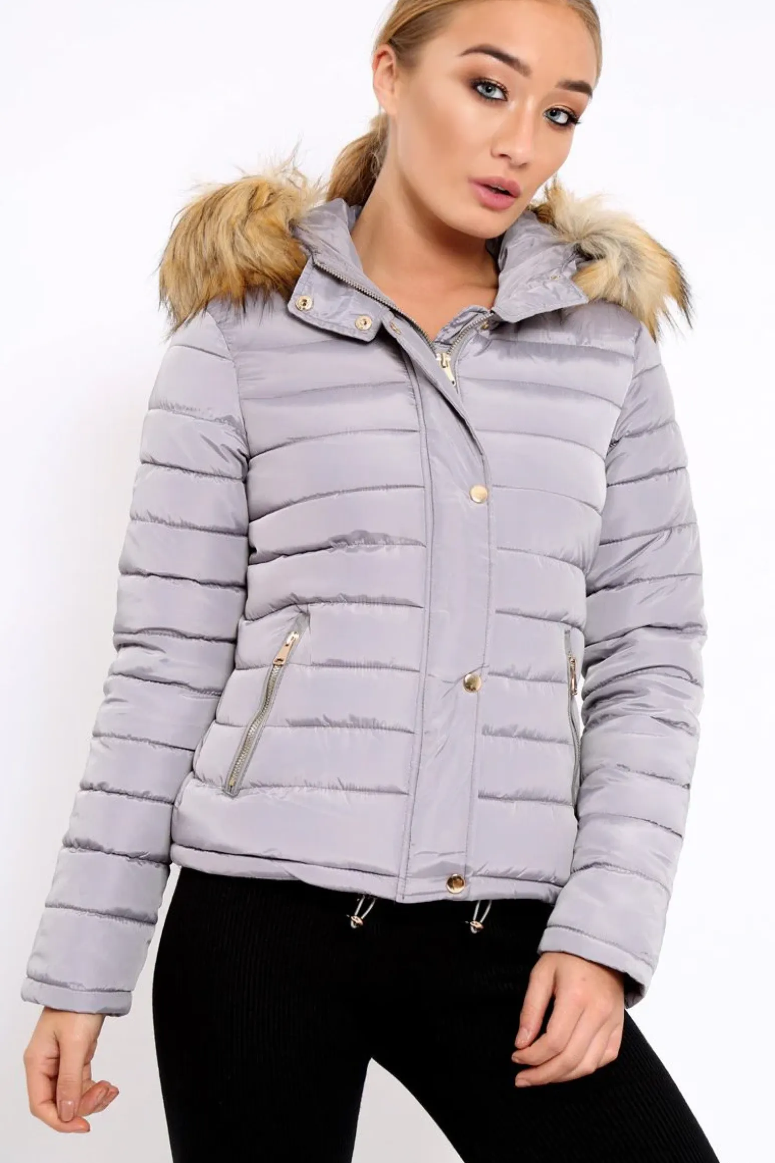 Rebellious Fashion Grey Padded Coat with Fur Trim Hood - Helena