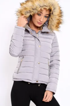 Rebellious Fashion Grey Padded Coat with Fur Trim Hood - Helena
