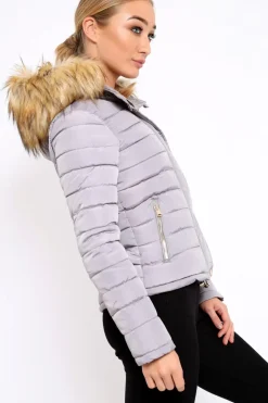 Rebellious Fashion Grey Padded Coat with Fur Trim Hood - Helena