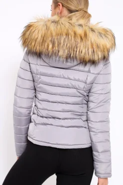 Rebellious Fashion Grey Padded Coat with Fur Trim Hood - Helena