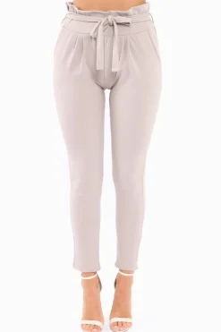 Rebellious Fashion Grey Paper Bag Tie Waist Cigarette Trousers - Karmen