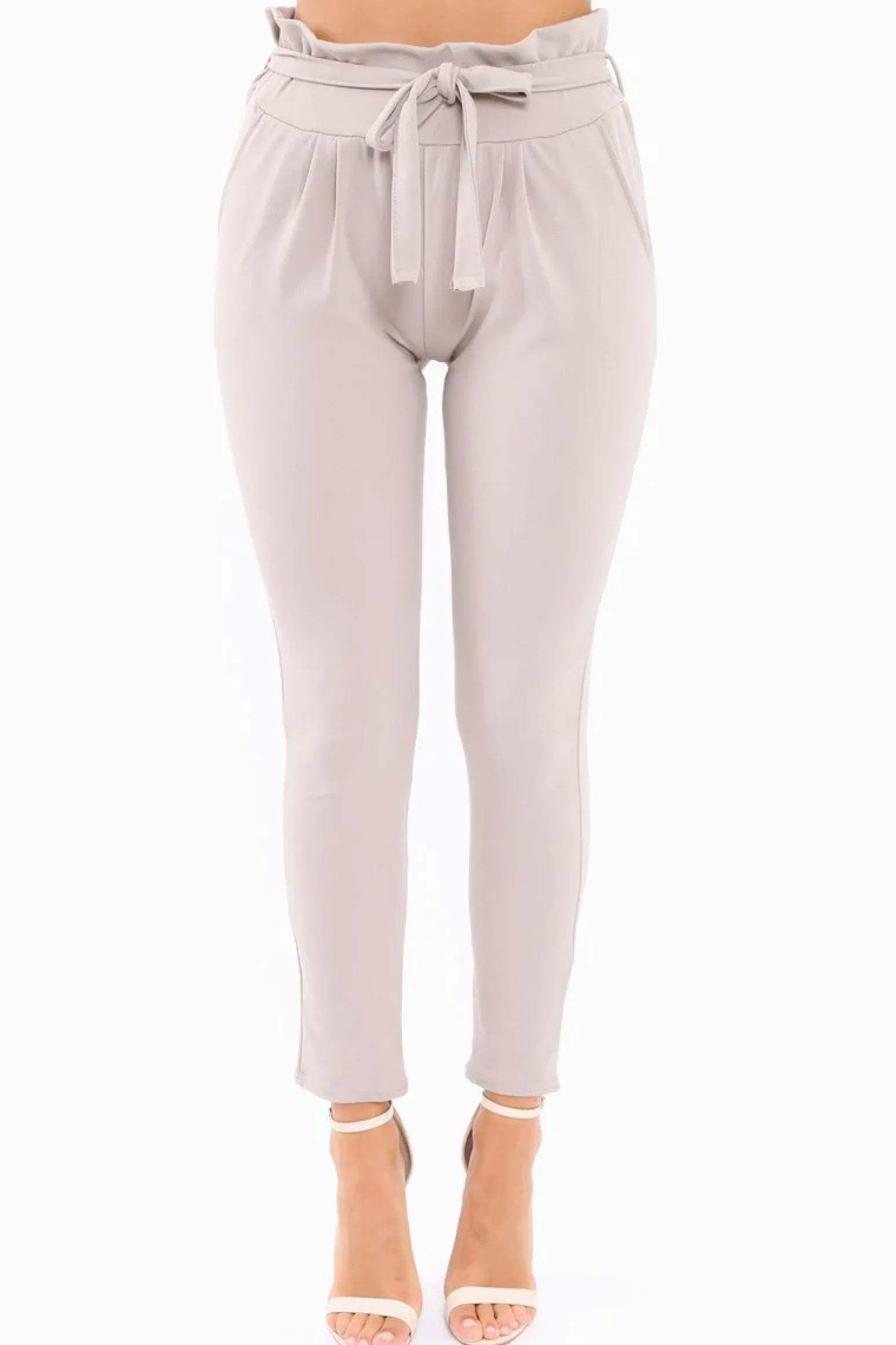 Rebellious Fashion Grey Paper Bag Tie Waist Cigarette Trousers - Karmen