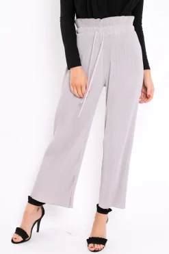 Rebellious Fashion Grey Paper Bag Waist Wide Legged Pleated Trousers - Louise