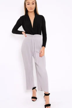 Rebellious Fashion Grey Paper Bag Waist Wide Legged Pleated Trousers - Louise
