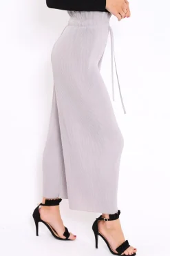 Rebellious Fashion Grey Paper Bag Waist Wide Legged Pleated Trousers - Louise