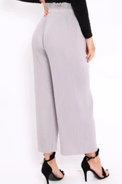 Rebellious Fashion Grey Paper Bag Waist Wide Legged Pleated Trousers - Louise
