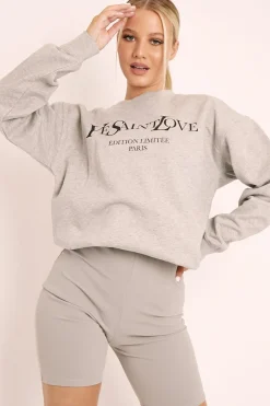 Rebellious Fashion Grey Parisian Slogan Front Oversized Sweatshirt - Tamy