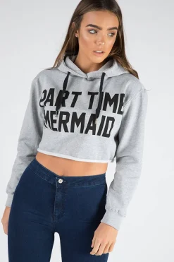 Rebellious Fashion Grey Part Time Mermaid Slogan Cropped Hoodie - Lora