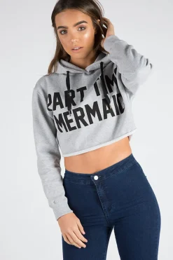 Rebellious Fashion Grey Part Time Mermaid Slogan Cropped Hoodie - Lora