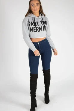 Rebellious Fashion Grey Part Time Mermaid Slogan Cropped Hoodie - Lora