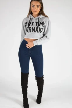 Rebellious Fashion Grey Part Time Mermaid Slogan Cropped Hoodie - Lora