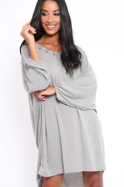 Rebellious Fashion Grey Pearl Detail Jumper Dress - Ammi