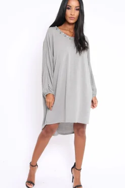 Rebellious Fashion Grey Pearl Detail Jumper Dress - Ammi