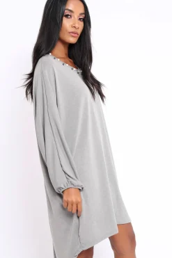 Rebellious Fashion Grey Pearl Detail Jumper Dress - Ammi