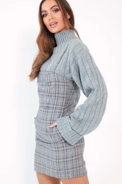 Rebellious Fashion Grey Pink Check Cami Strap Mini Dress - Katalya