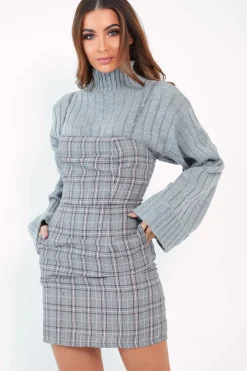 Rebellious Fashion Grey Pink Check Cami Strap Mini Dress - Katalya