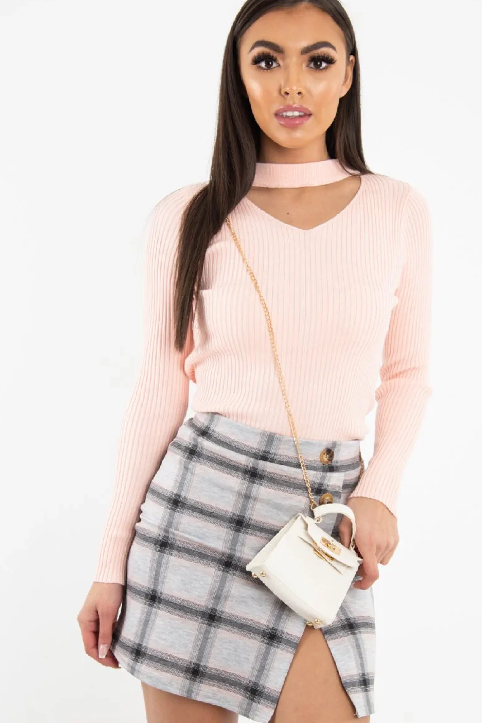 Rebellious Fashion Grey Pink Check Scuba Mini Skirt - Leisa