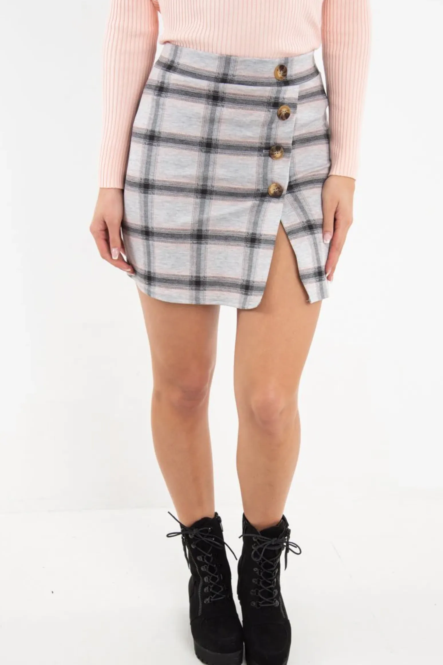 Rebellious Fashion Grey Pink Check Scuba Mini Skirt - Leisa
