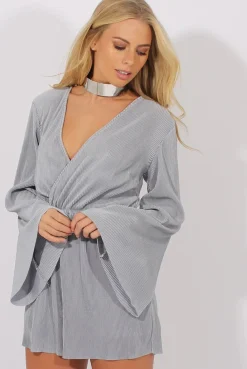 Rebellious Fashion Grey Pleated Flared Sleeve Playsuit - Amity