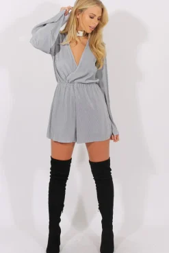 Rebellious Fashion Grey Pleated Flared Sleeve Playsuit - Amity