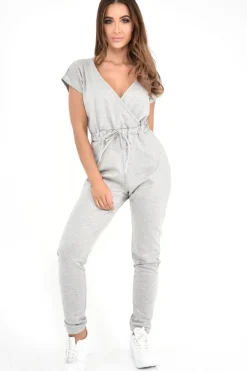Rebellious Fashion Grey Plunge Drawstring Waist Jumpsuit - Missie