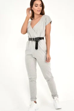 Rebellious Fashion Grey Plunge Drawstring Waist Jumpsuit - Missie