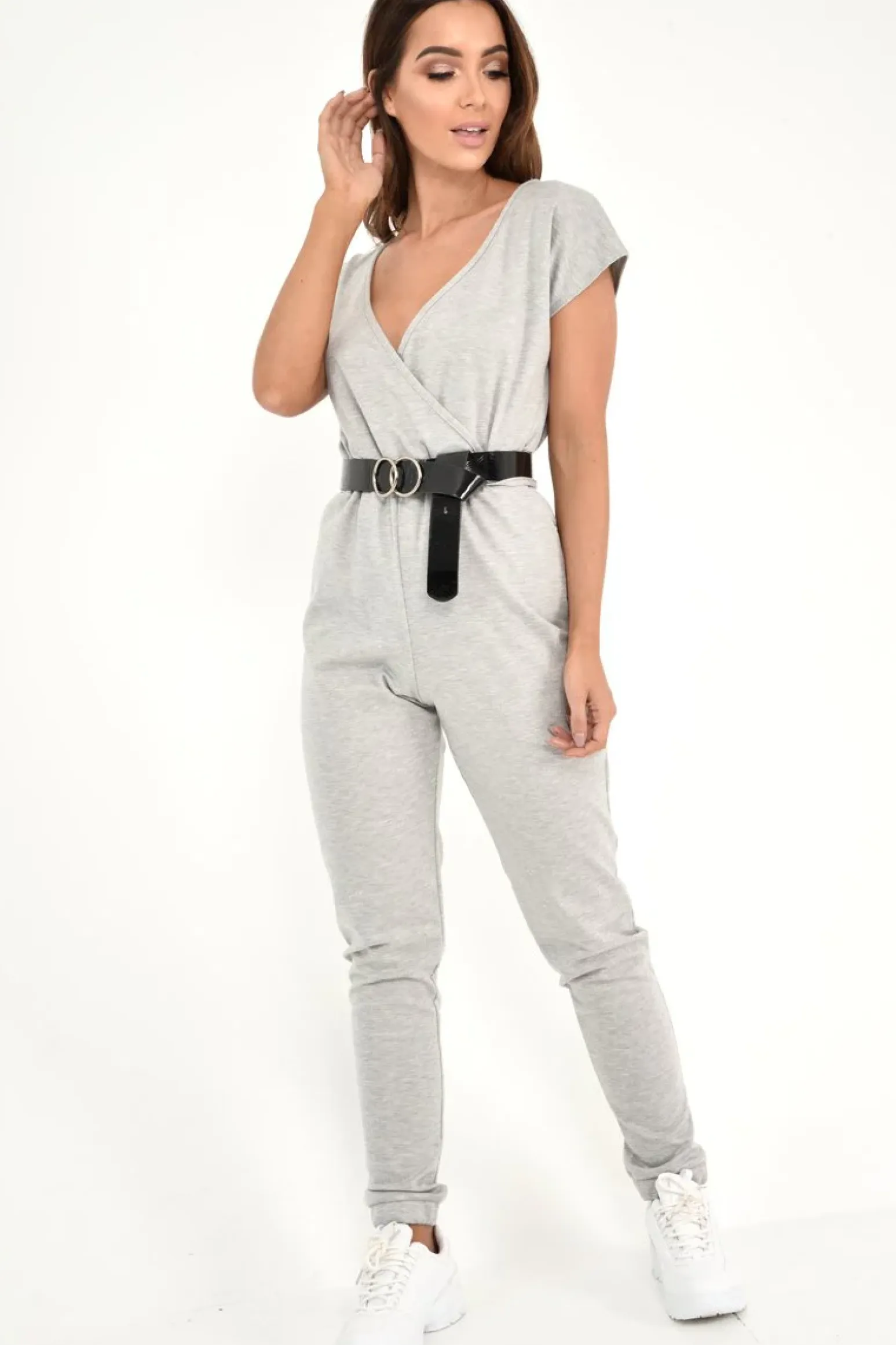 Rebellious Fashion Grey Plunge Drawstring Waist Jumpsuit - Missie