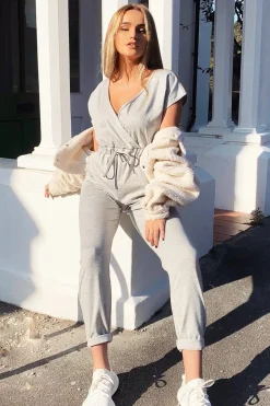 Rebellious Fashion Grey Plunge Drawstring Waist Jumpsuit - Missie