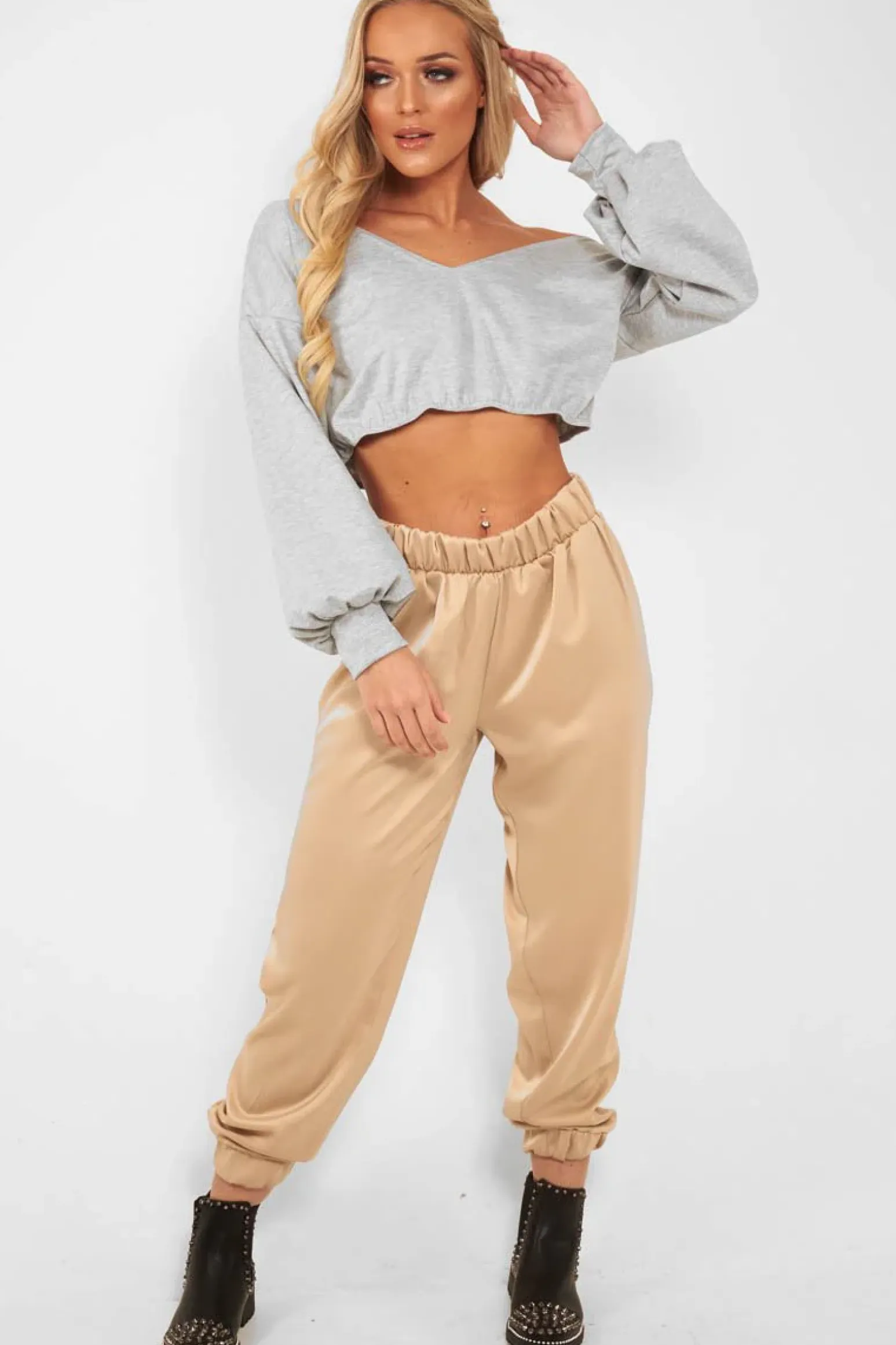 Rebellious Fashion Grey Plunge off Shoulder Cropped Sweatshirt - Zarah
