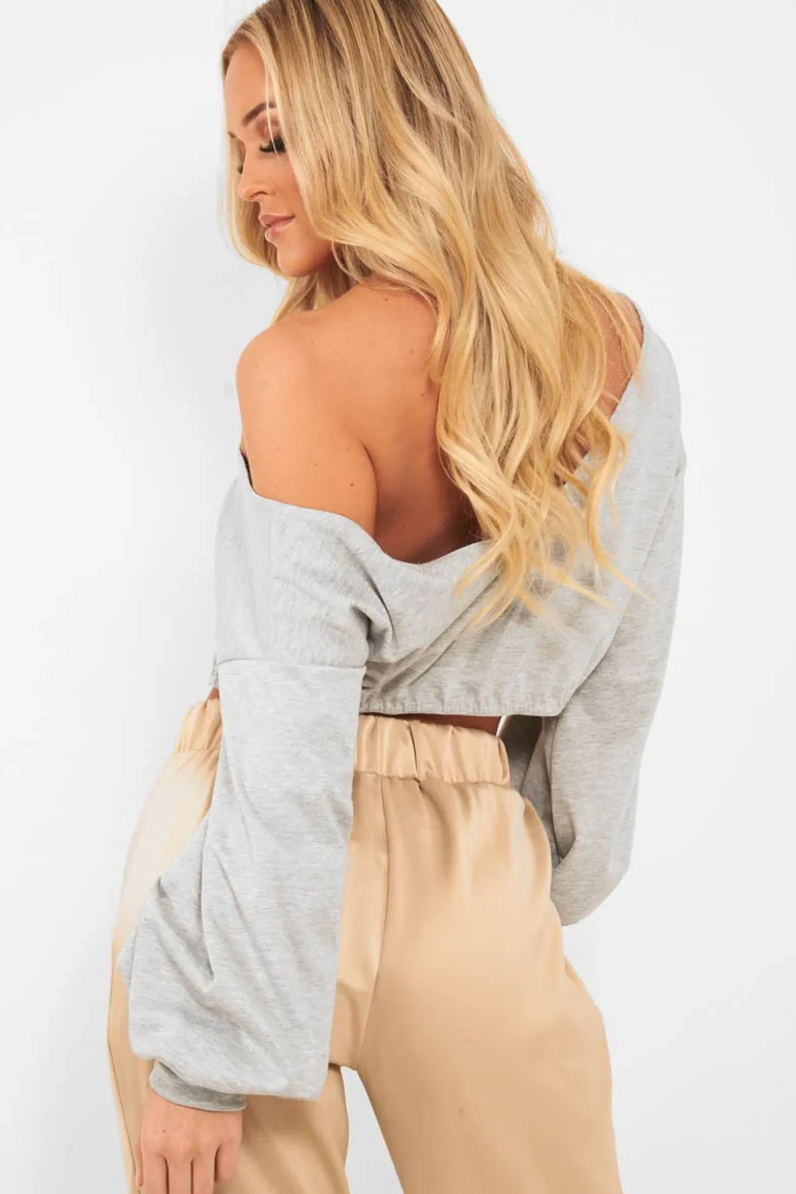 Rebellious Fashion Grey Plunge off Shoulder Cropped Sweatshirt - Zarah