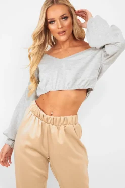 Rebellious Fashion Grey Plunge off Shoulder Cropped Sweatshirt - Zarah