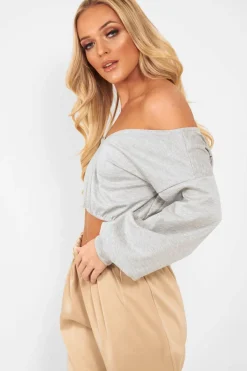 Rebellious Fashion Grey Plunge off Shoulder Cropped Sweatshirt - Zarah