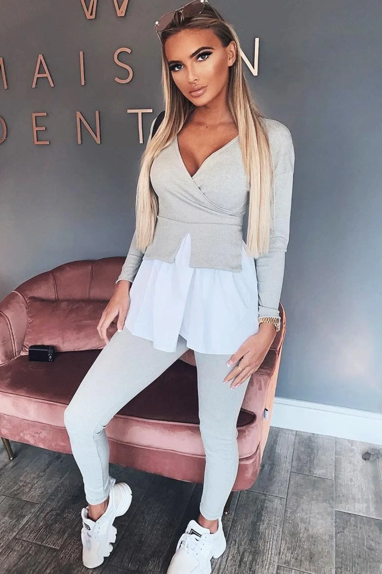 Rebellious Fashion Grey Plunge Shirt Insert Top Legging Co-ord - Destine