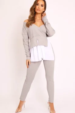 Rebellious Fashion Grey Plunge Shirt Insert Top Legging Co-ord - Destine