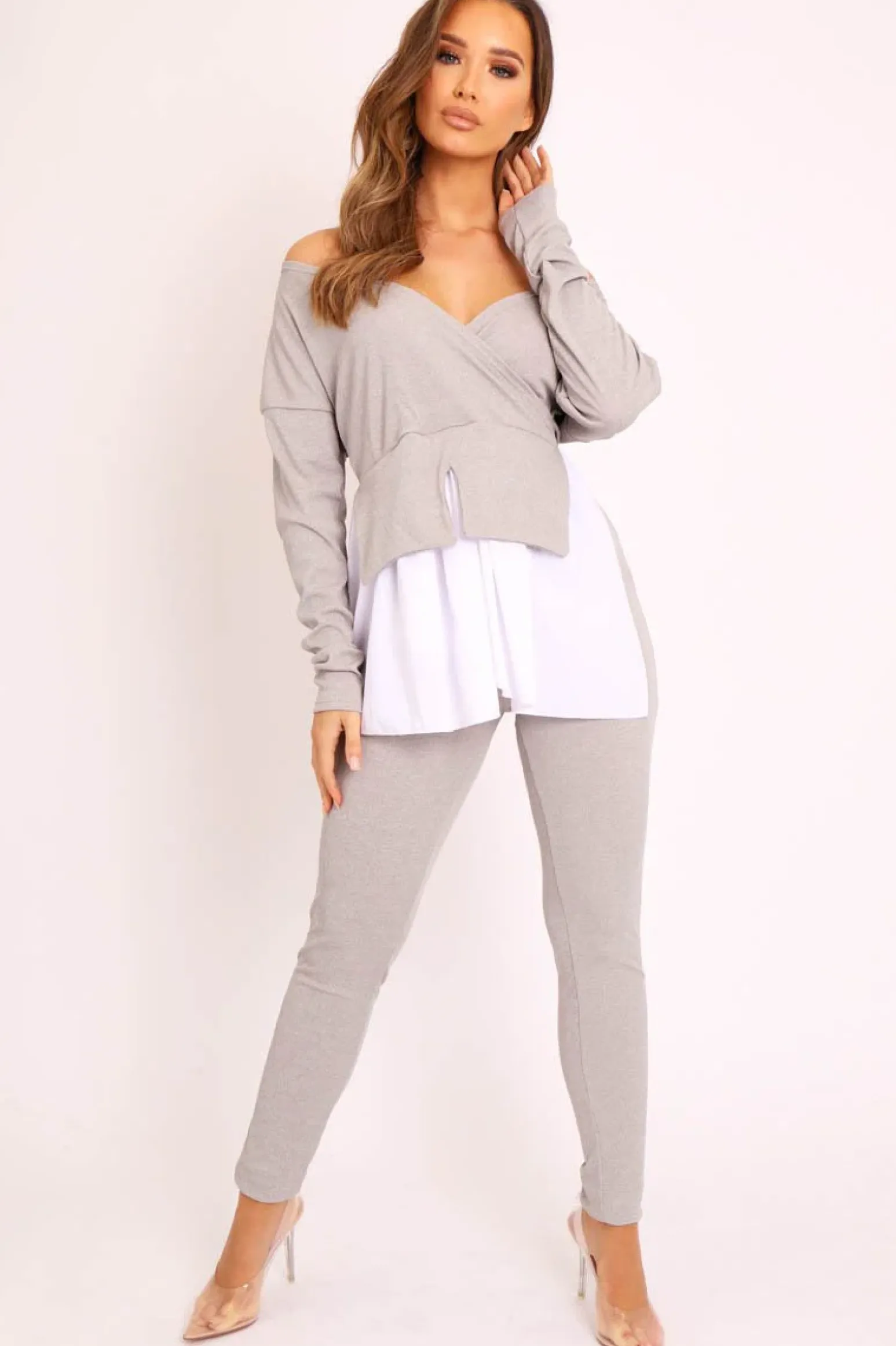 Rebellious Fashion Grey Plunge Shirt Insert Top Legging Co-ord - Destine