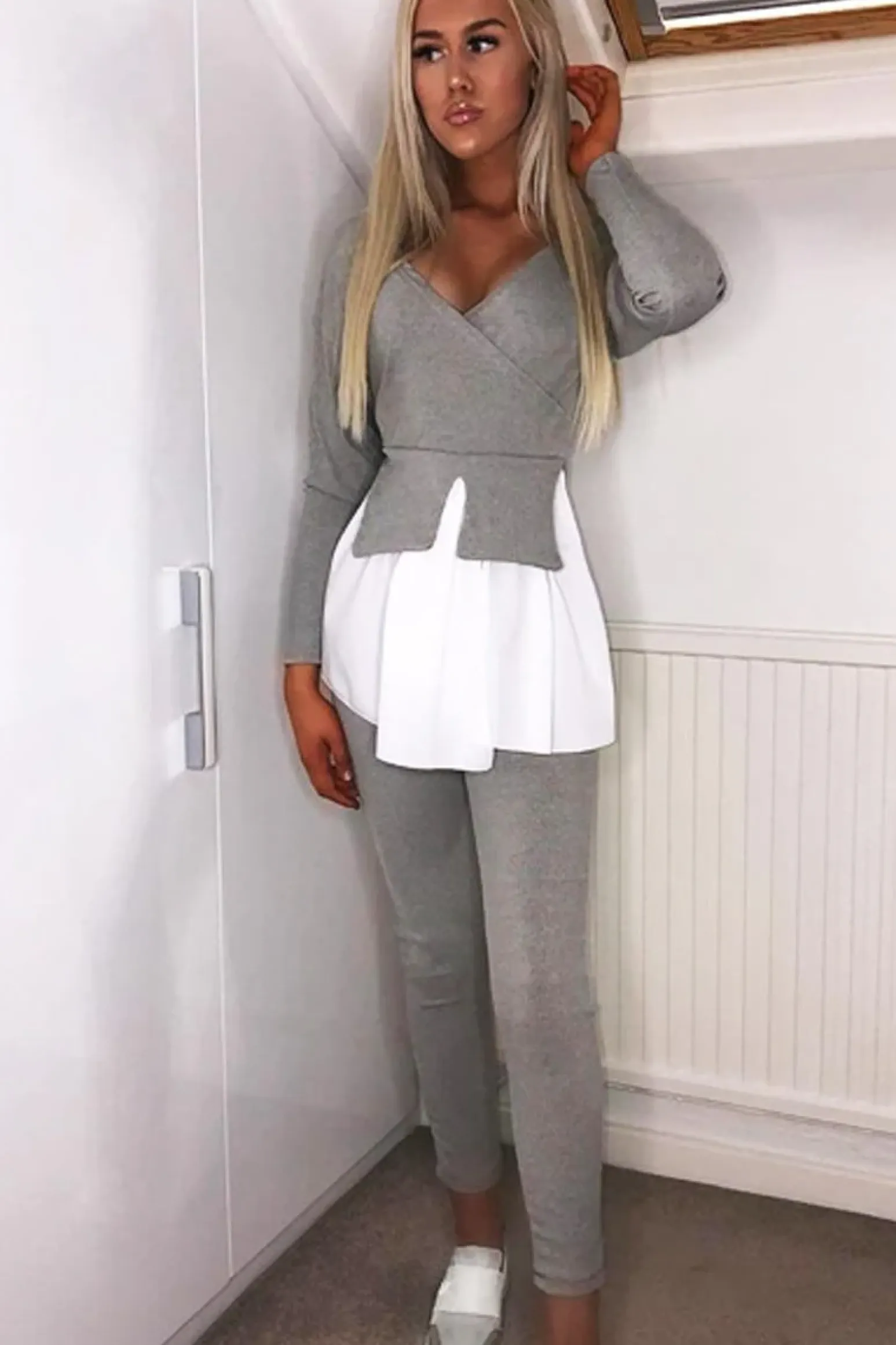 Rebellious Fashion Grey Plunge Shirt Insert Top Legging Co-ord - Destine