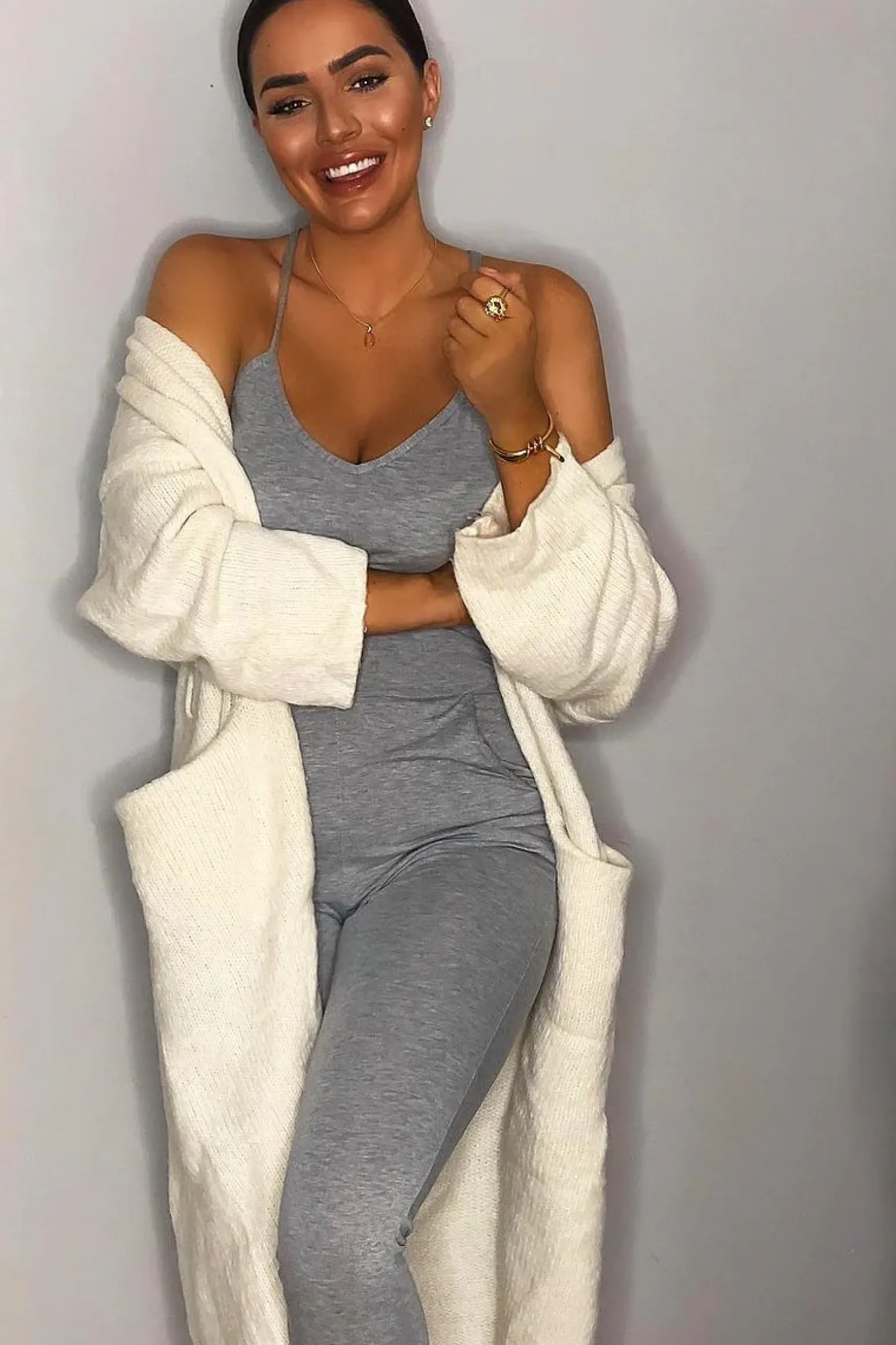 Rebellious Fashion Grey Plunge Strappy Jersey Jumpsuit - Narumi