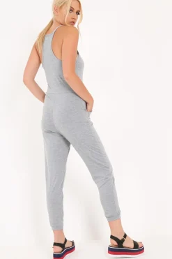 Rebellious Fashion Grey Plunge Strappy Jersey Jumpsuit - Narumi