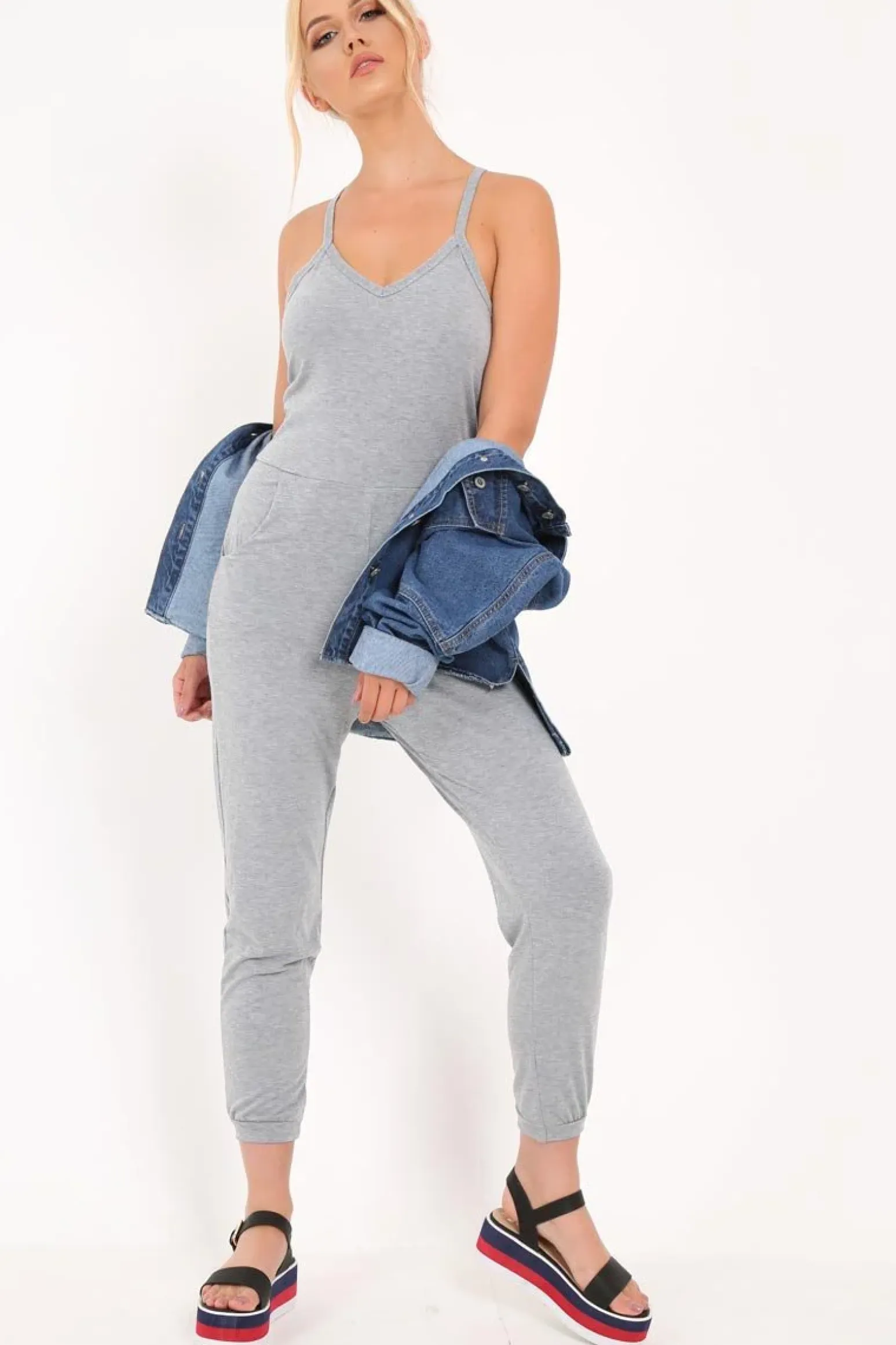 Rebellious Fashion Grey Plunge Strappy Jersey Jumpsuit - Narumi