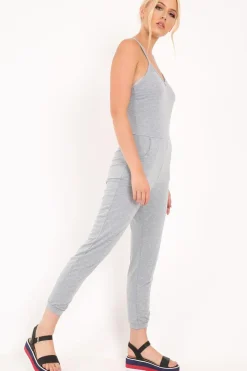 Rebellious Fashion Grey Plunge Strappy Jersey Jumpsuit - Narumi